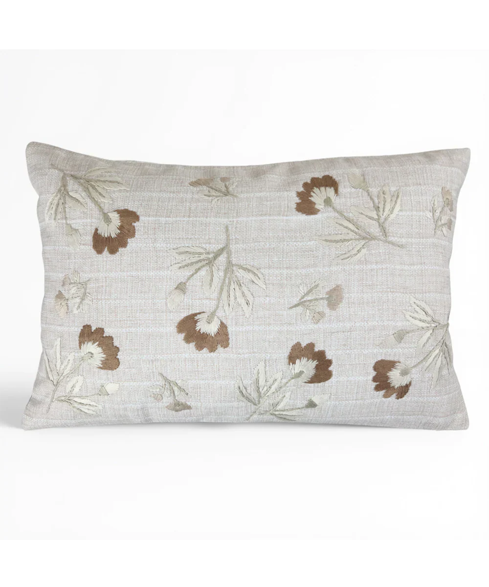 Light Beige & Brown Floral Whisper Hand Embroidered Cushion Cover (12x18 Inches)