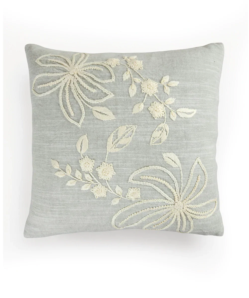 Slate Blue Cotton Slub Hand Embroidered Cushion Cover (16x16 Inches) | SHOBITAM