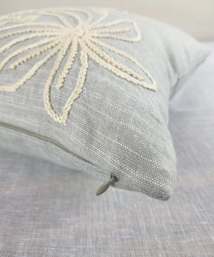 Slate Blue Cotton Slub Hand Embroidered Cushion Cover (16x16 Inches) | SHOBITAM