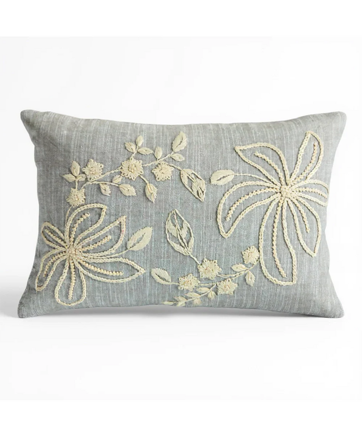 Slate Blue Floral Cotton Slub Embroidered Cushion Cover (12x18 Inches) | SHOBITAM