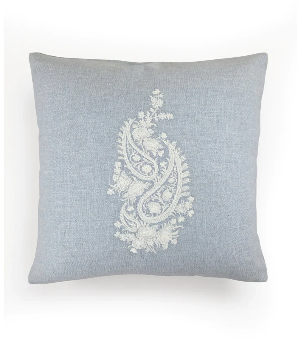 Powder Blue Ecru Double Paisley Embroidered Herringbone Cotton Cushion Cover (16x16 Inches) | SHOBITAM