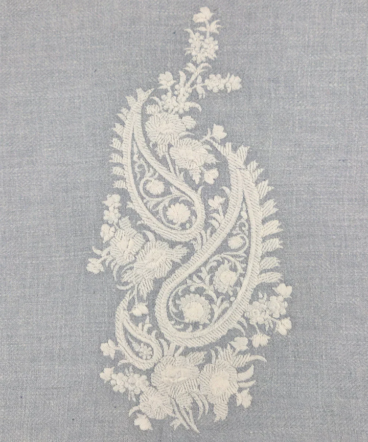 Powder Blue Ecru Double Paisley Embroidered Herringbone Cotton Cushion Cover (16x16 Inches) | SHOBITAM