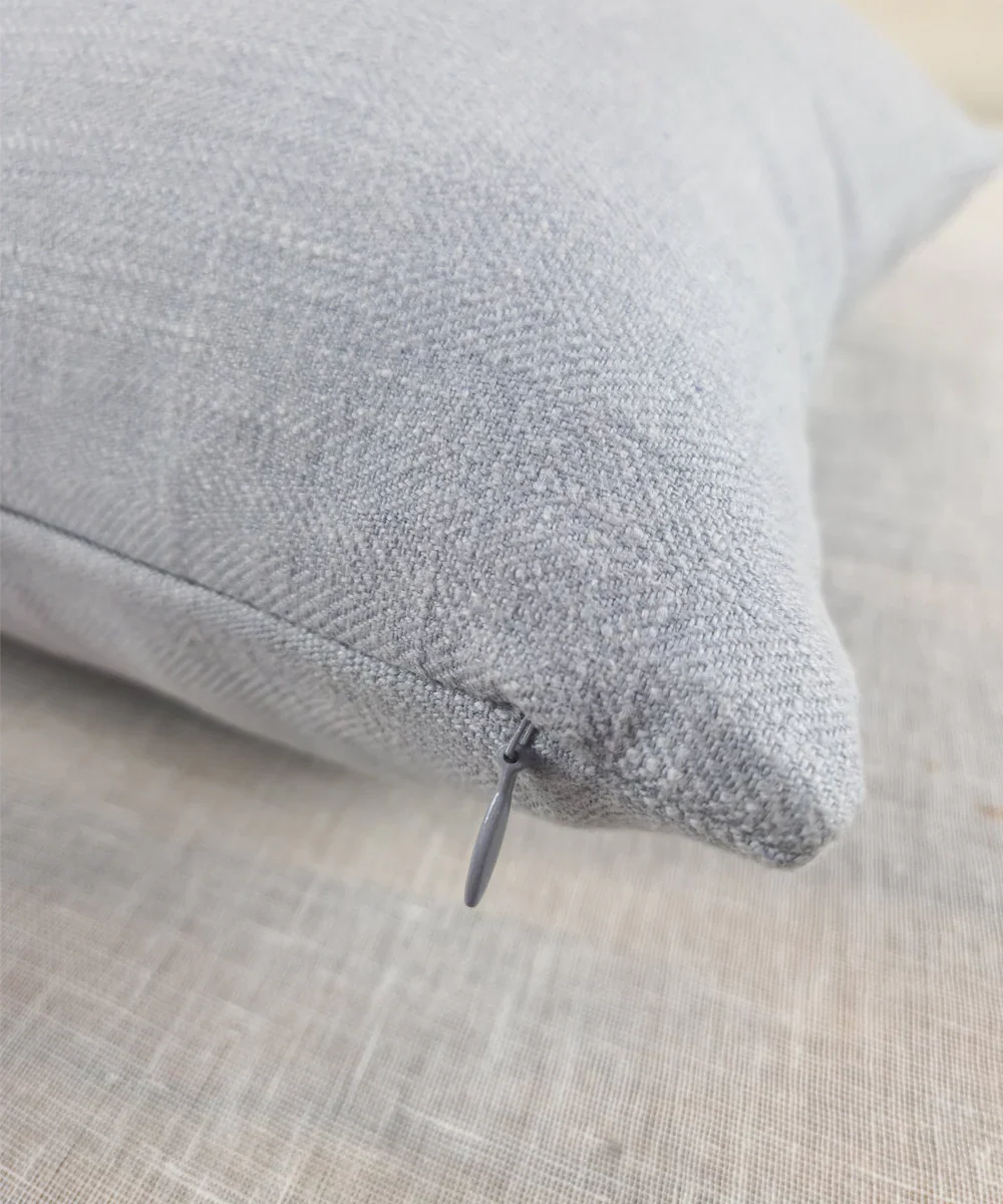 Powder Blue Ecru Double Paisley Embroidered Herringbone Cotton Cushion Cover (16x16 Inches) | SHOBITAM