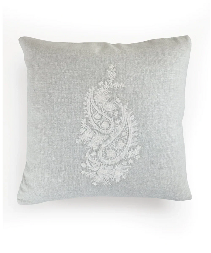Light Beige Ecru Double Paisley Embroidered Herringbone Cotton Cushion Cover (16x16 Inches) | SHOBITAM