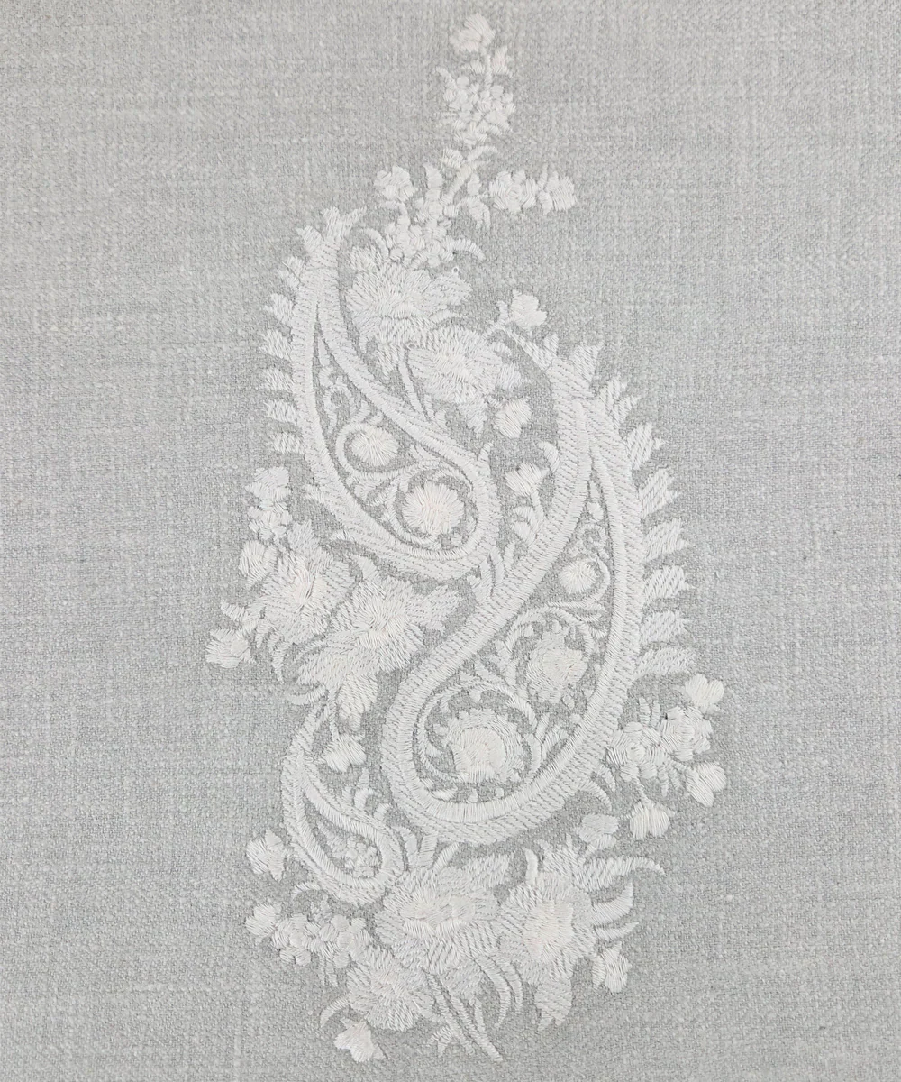 Light Beige Ecru Double Paisley Embroidered Herringbone Cotton Cushion Cover (16x16 Inches) | SHOBITAM