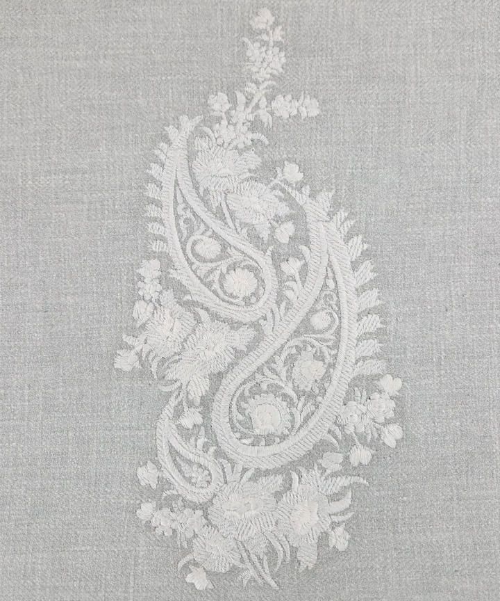 Light Beige Ecru Double Paisley Embroidered Herringbone Cotton Cushion Cover (16x16 Inches) | SHOBITAM