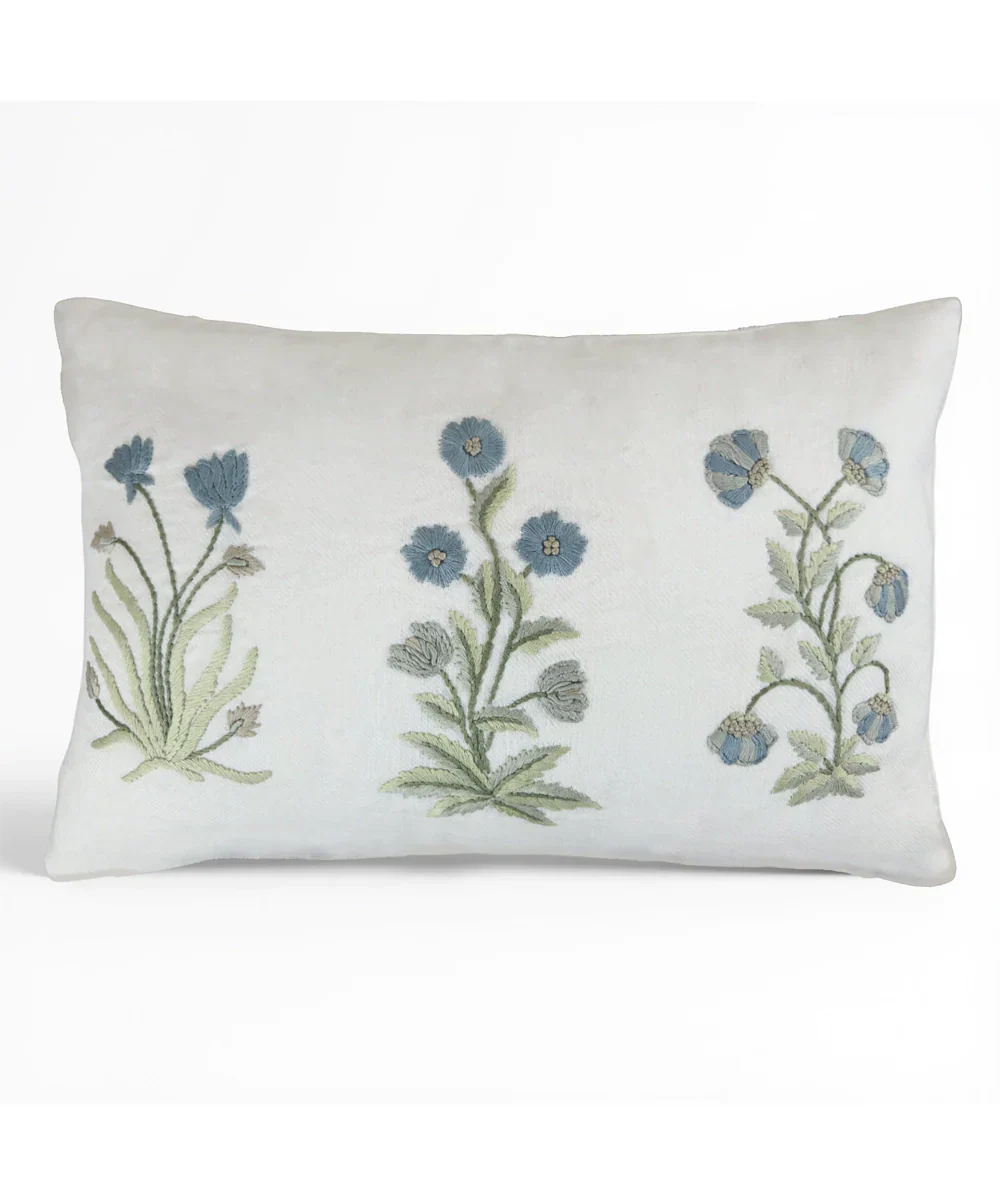 Off White & Blue Floral Hand Embroidered Cushion Cover (12x18 Inches) | SHOBITAM