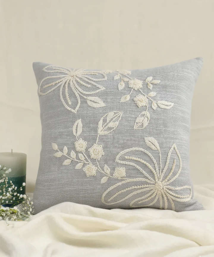 Slate Blue Cotton Slub Hand Embroidered Cushion Cover (16x16 Inches) | SHOBITAM