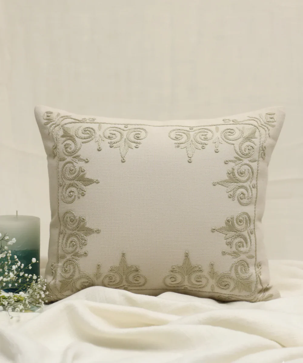 Light Beige Rajwarah Hand Embroidered Cushion Cover (16x16 Inches) | SHOBITAM