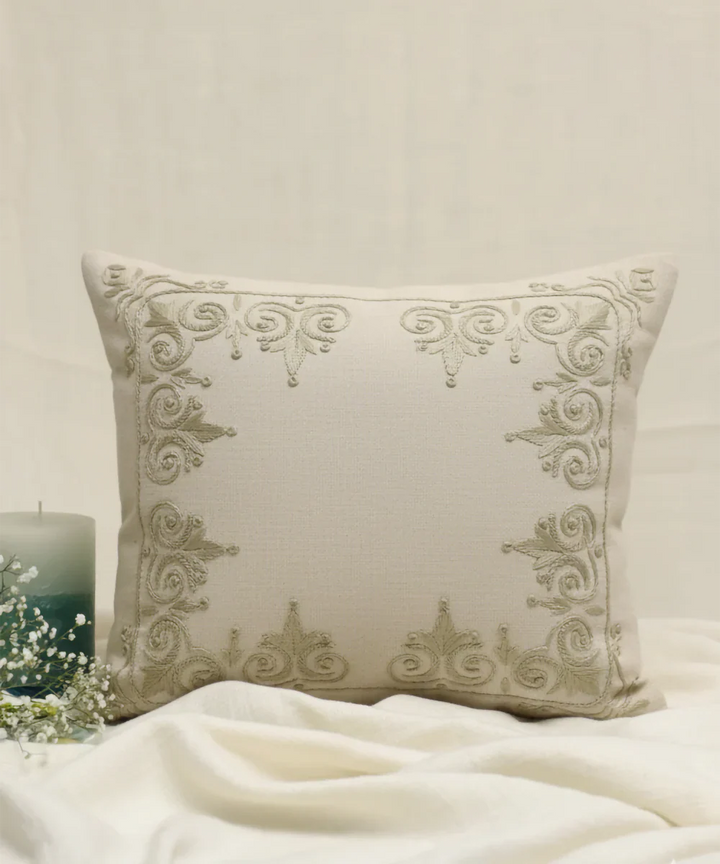 Light Beige Rajwarah Hand Embroidered Cushion Cover (16x16 Inches) | SHOBITAM