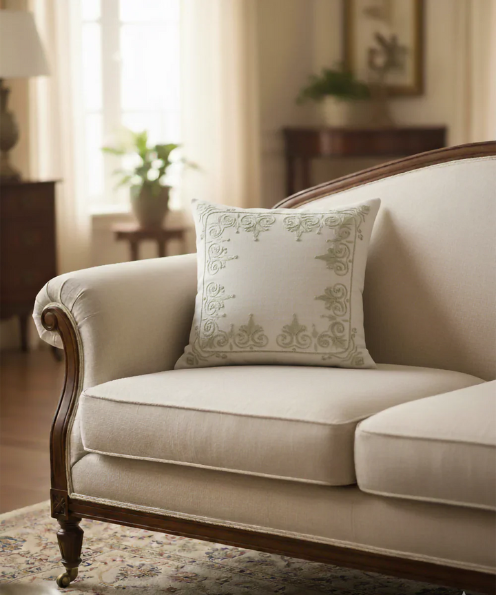Light Beige Rajwarah Hand Embroidered Cushion Cover (16x16 Inches) | SHOBITAM