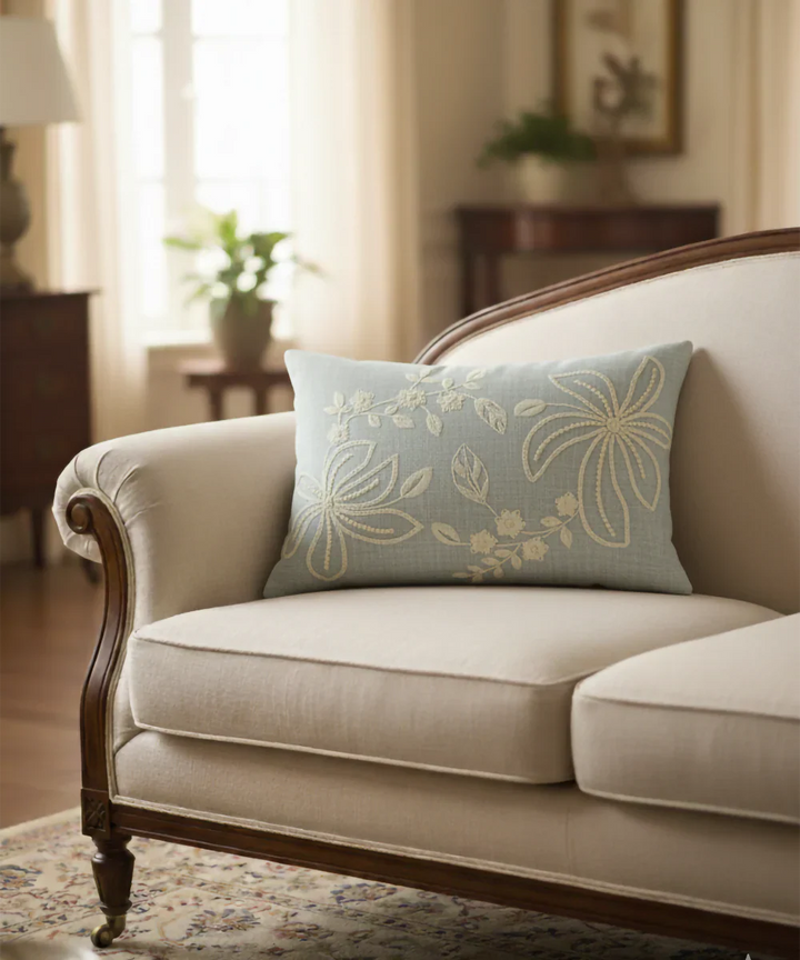 Slate Blue Floral Cotton Slub Embroidered Cushion Cover (12x18 Inches) | SHOBITAM