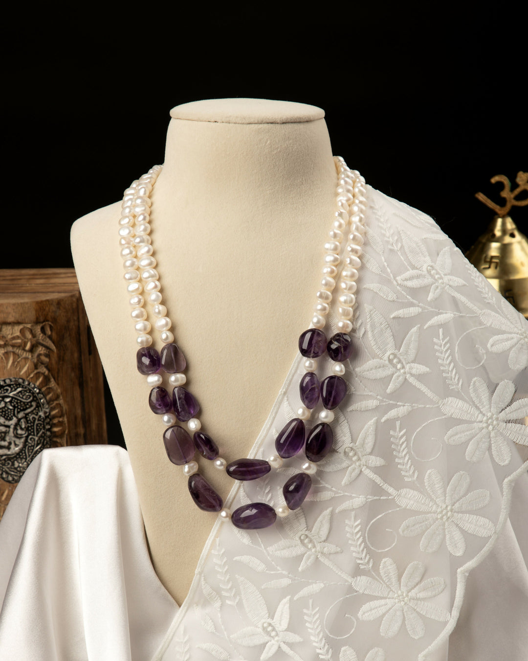 The Windsor Jewel Strand- Pearl & Amethyst 2 Line Mala | SHOBITAM
