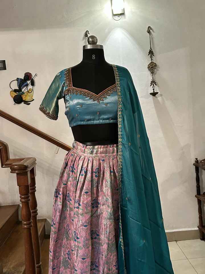 Yuvathi Rose pink tissue half saree /lehenga set with aari work