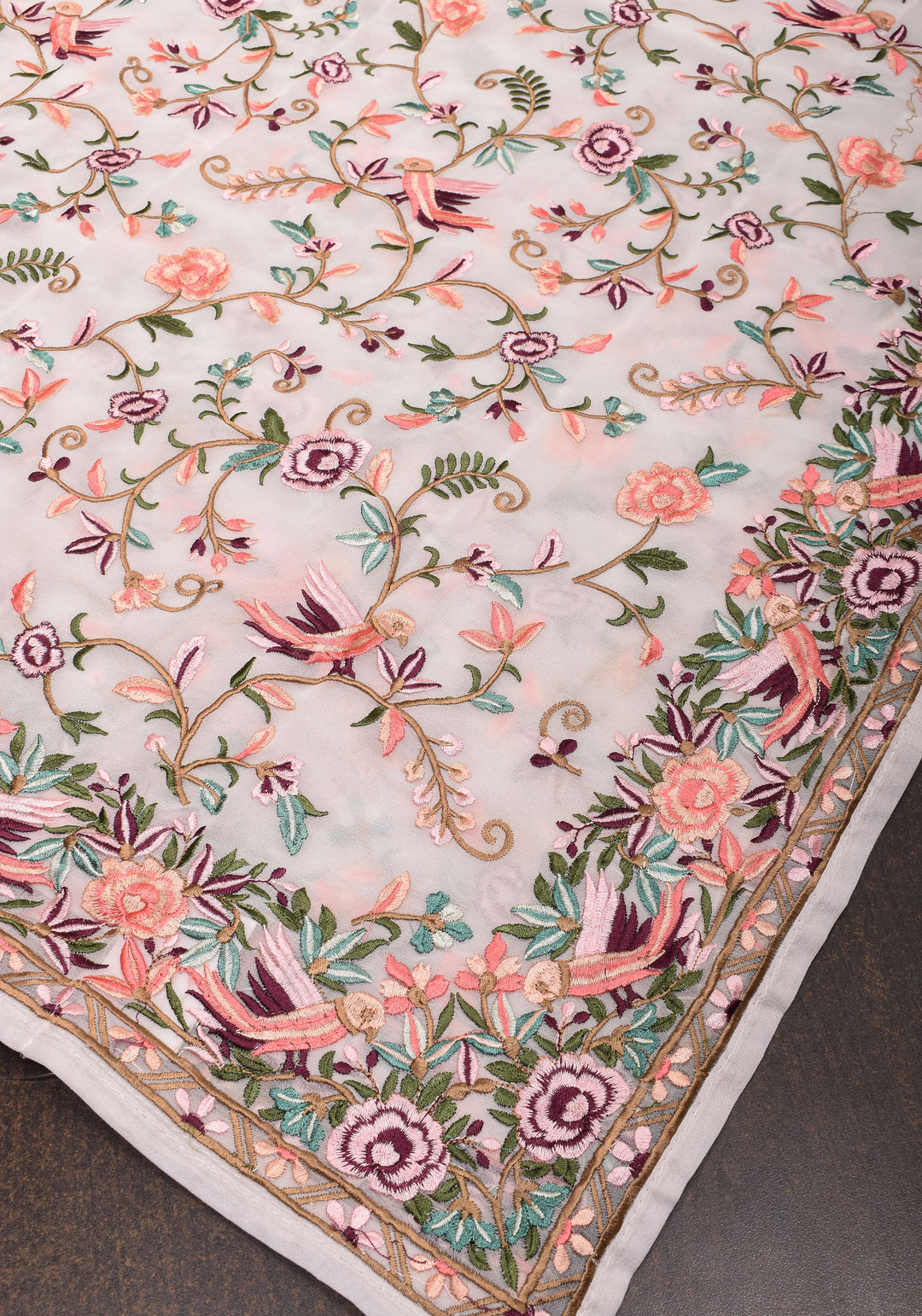 Parsi Gara Design Machine Embroidered Saree in Chalk White