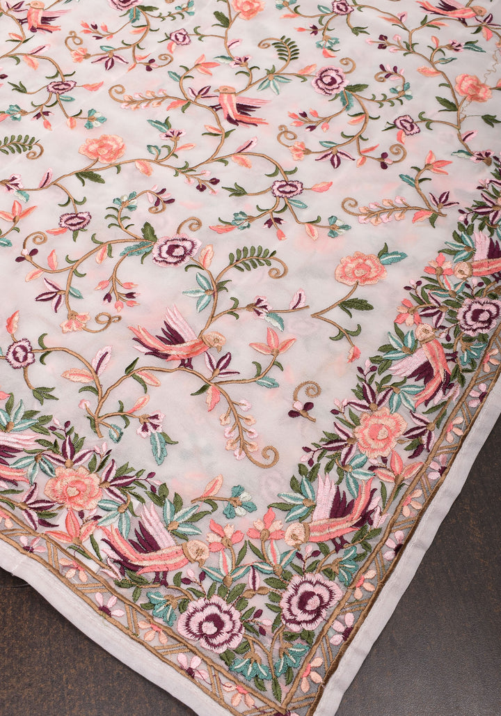 Parsi Gara Design Machine Embroidered Saree in Chalk White
