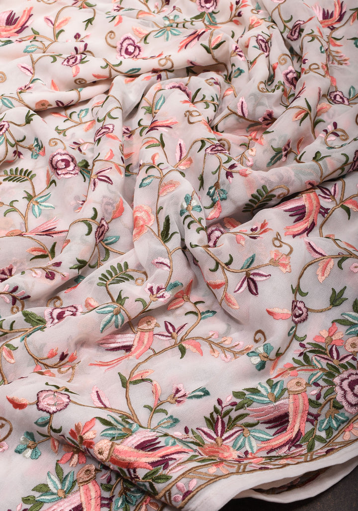 Parsi Gara Design Machine Embroidered Saree in Chalk White