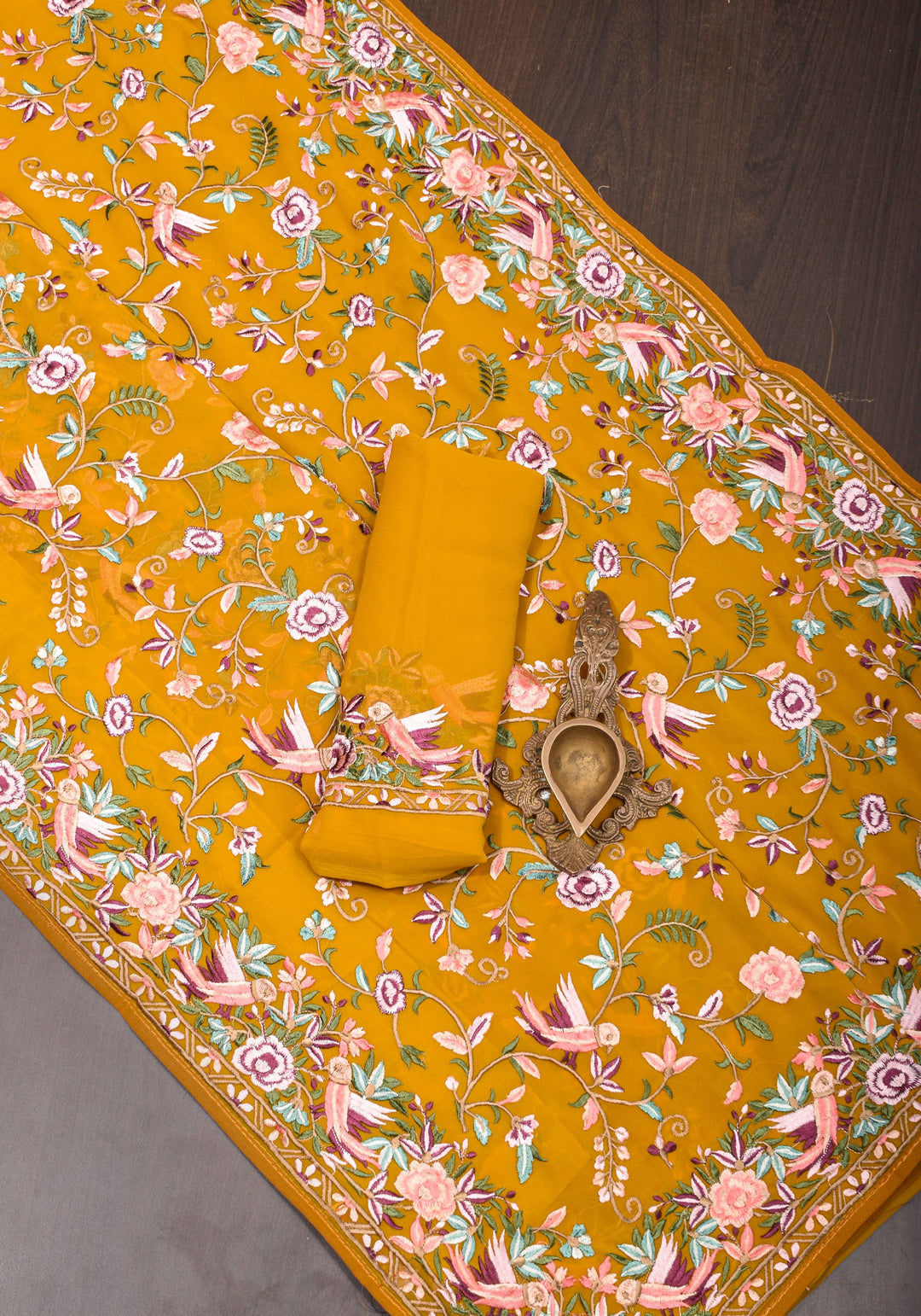 Machine Embroidered Parsi Gara Design Georgete Saree in Mustard