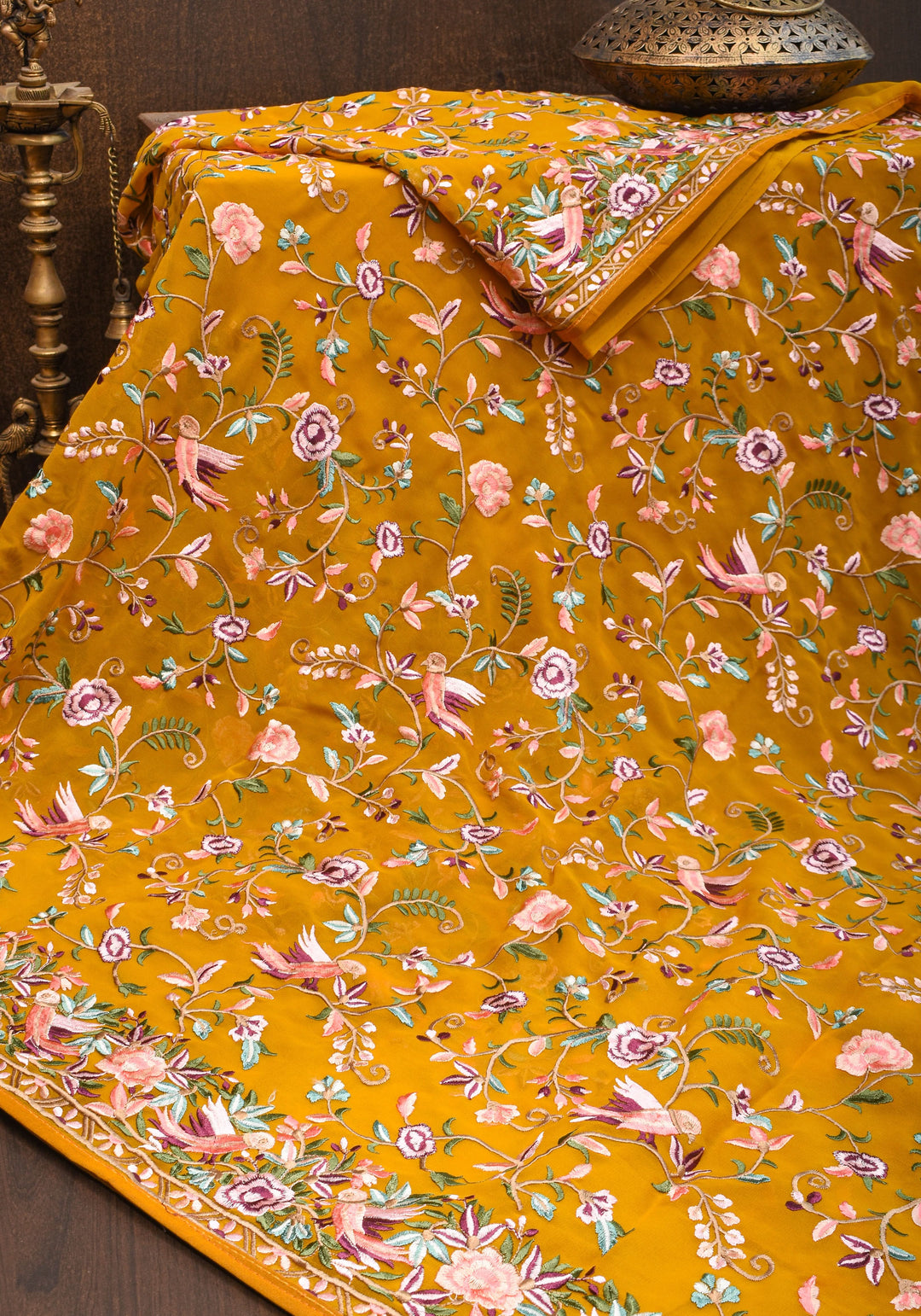 Machine Embroidered Parsi Gara Design Georgete Saree in Mustard