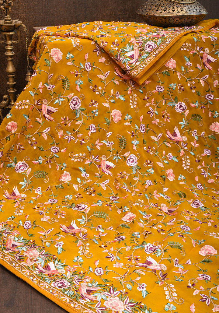 Machine Embroidered Parsi Gara Design Georgete Saree in Mustard
