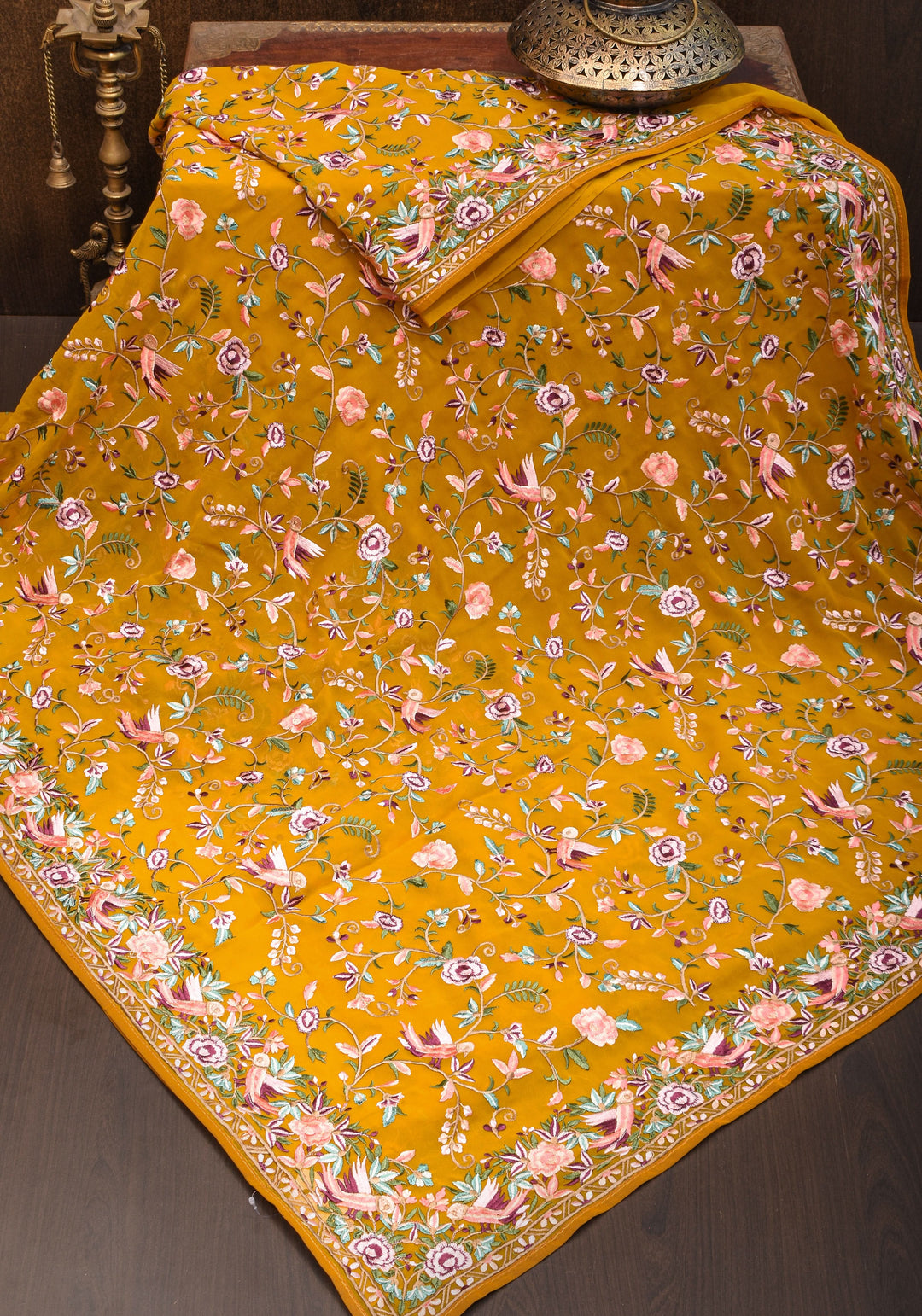 Machine Embroidered Parsi Gara Design Georgete Saree in Mustard