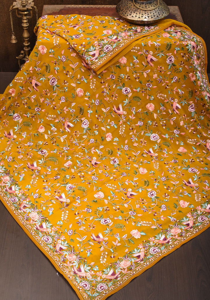 Machine Embroidered Parsi Gara Design Georgete Saree in Mustard