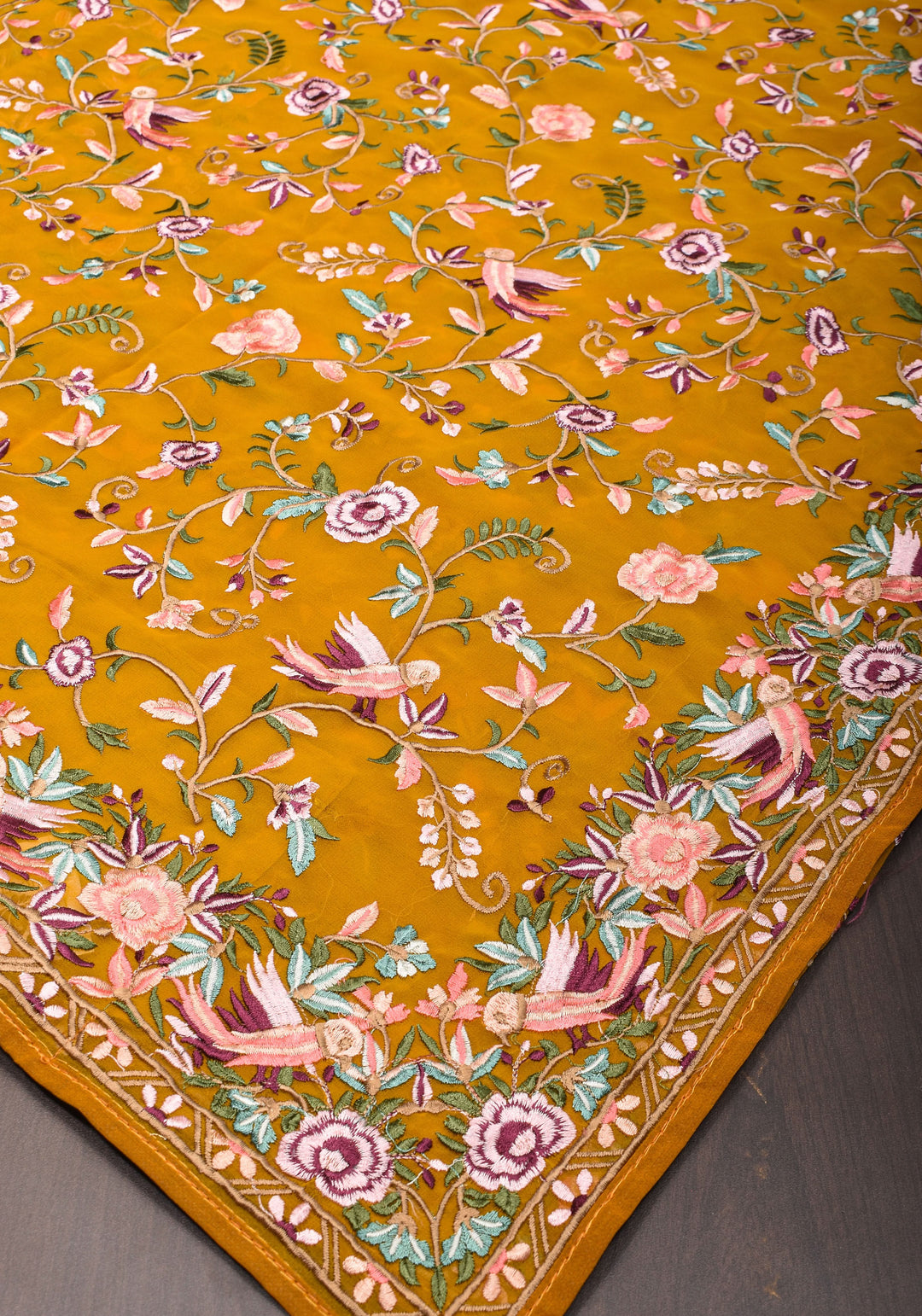 Machine Embroidered Parsi Gara Design Georgete Saree in Mustard
