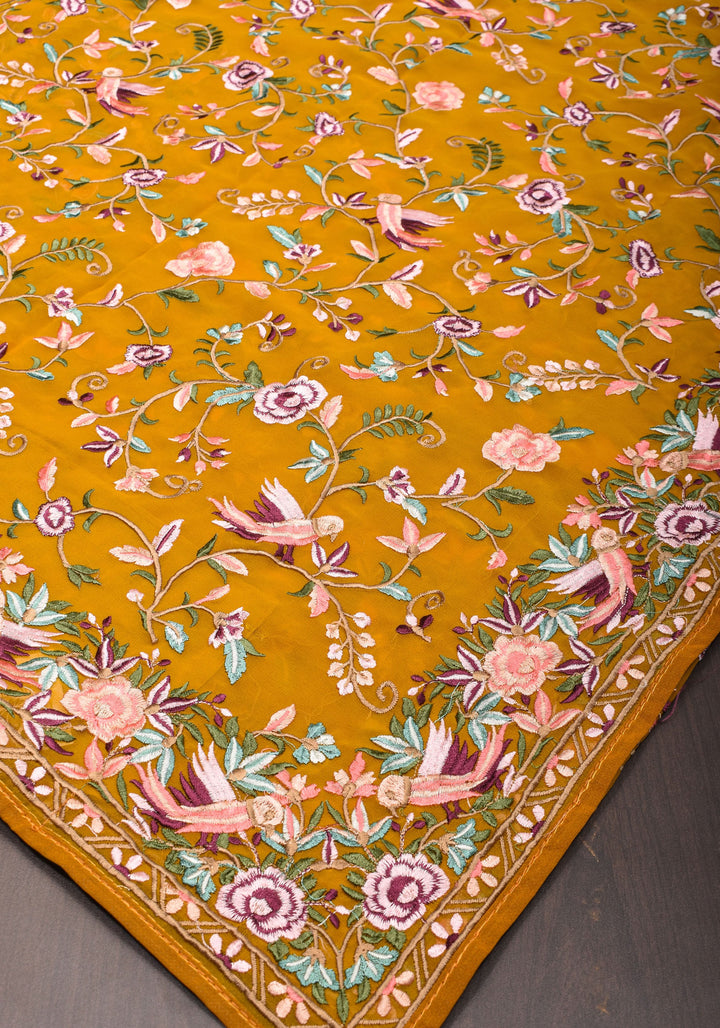 Machine Embroidered Parsi Gara Design Georgete Saree in Mustard