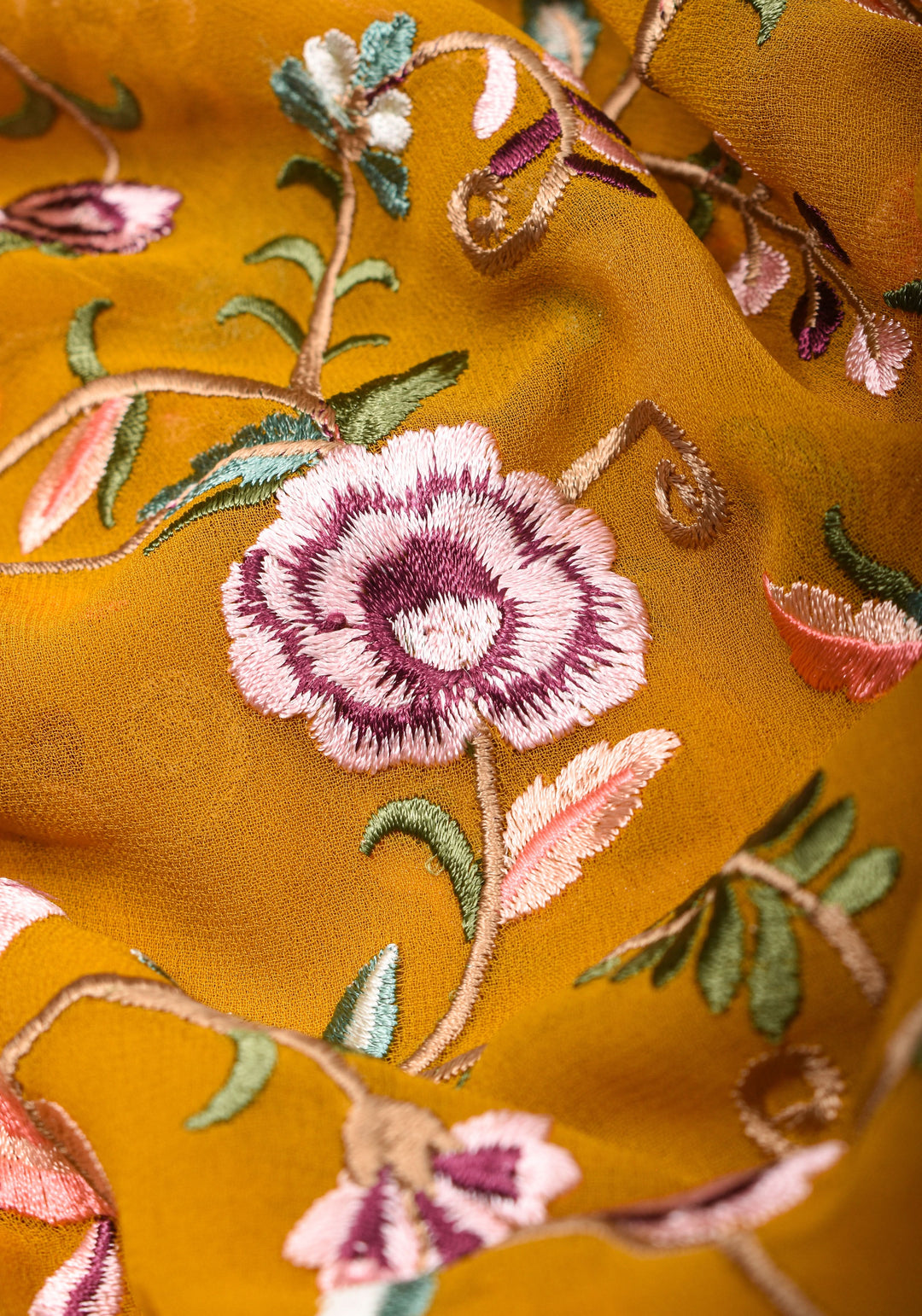 Machine Embroidered Parsi Gara Design Georgete Saree in Mustard