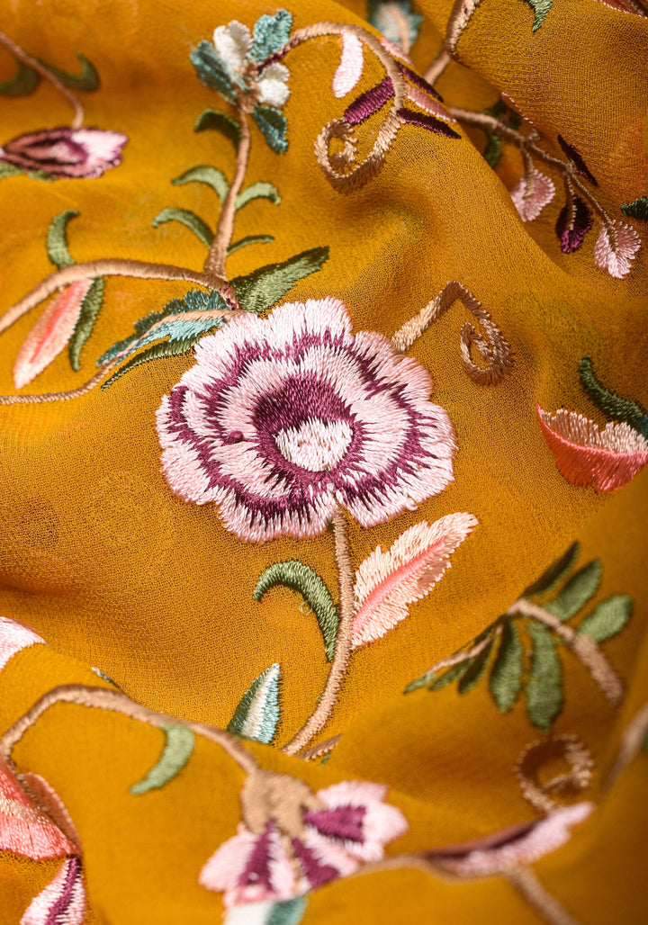 Machine Embroidered Parsi Gara Design Georgete Saree in Mustard