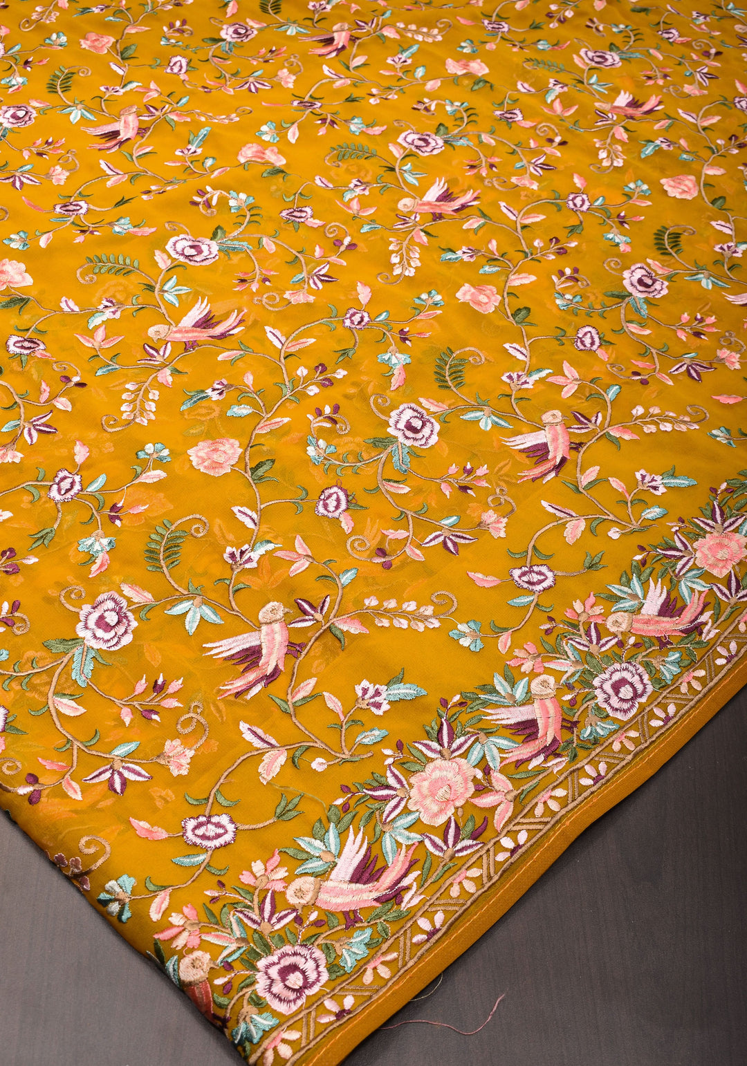 Machine Embroidered Parsi Gara Design Georgete Saree in Mustard