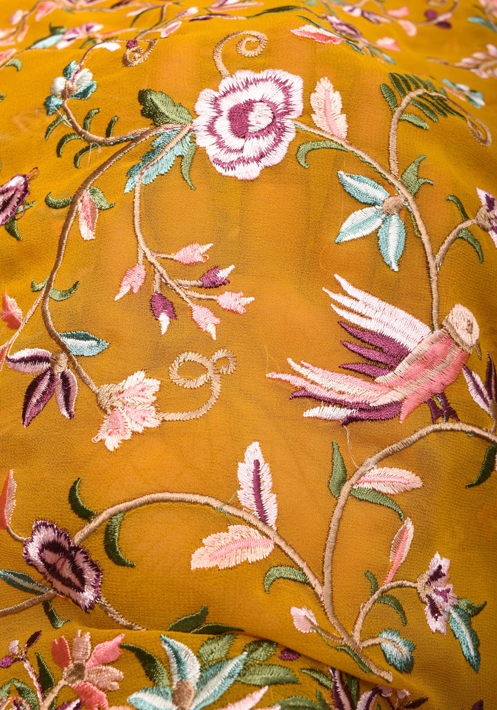 Machine Embroidered Parsi Gara Design Georgete Saree in Mustard