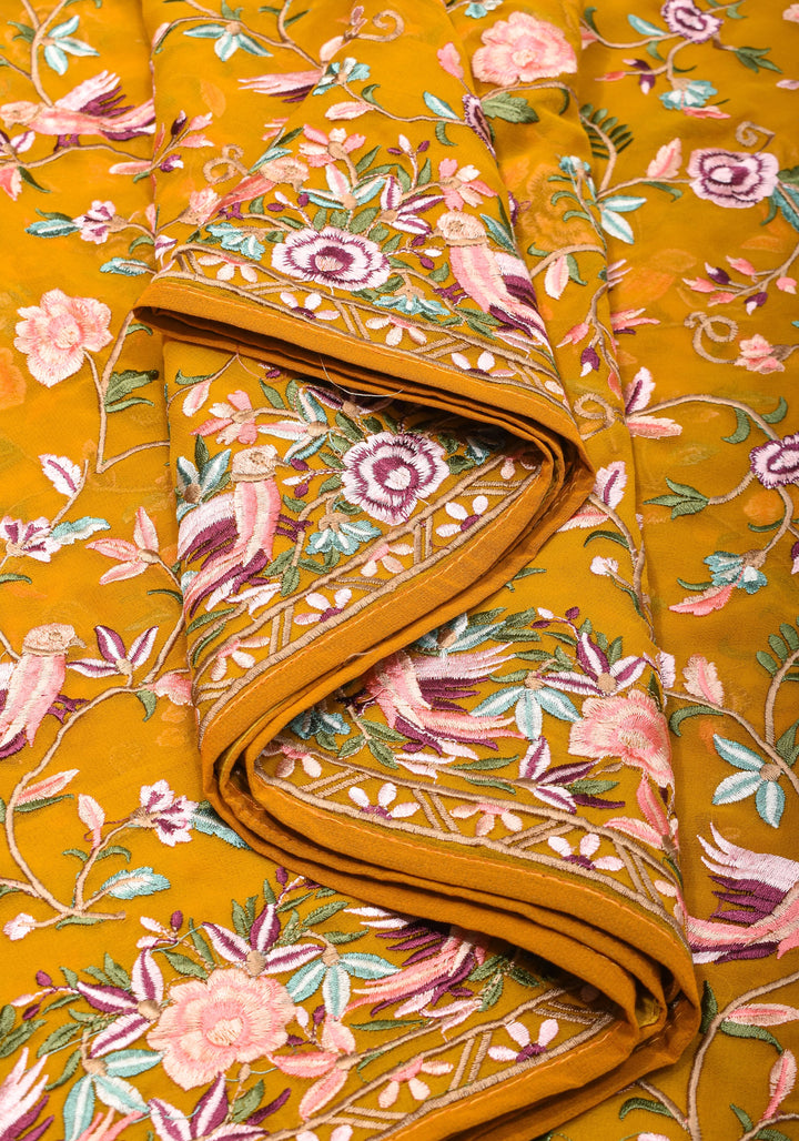 Machine Embroidered Parsi Gara Design Georgete Saree in Mustard