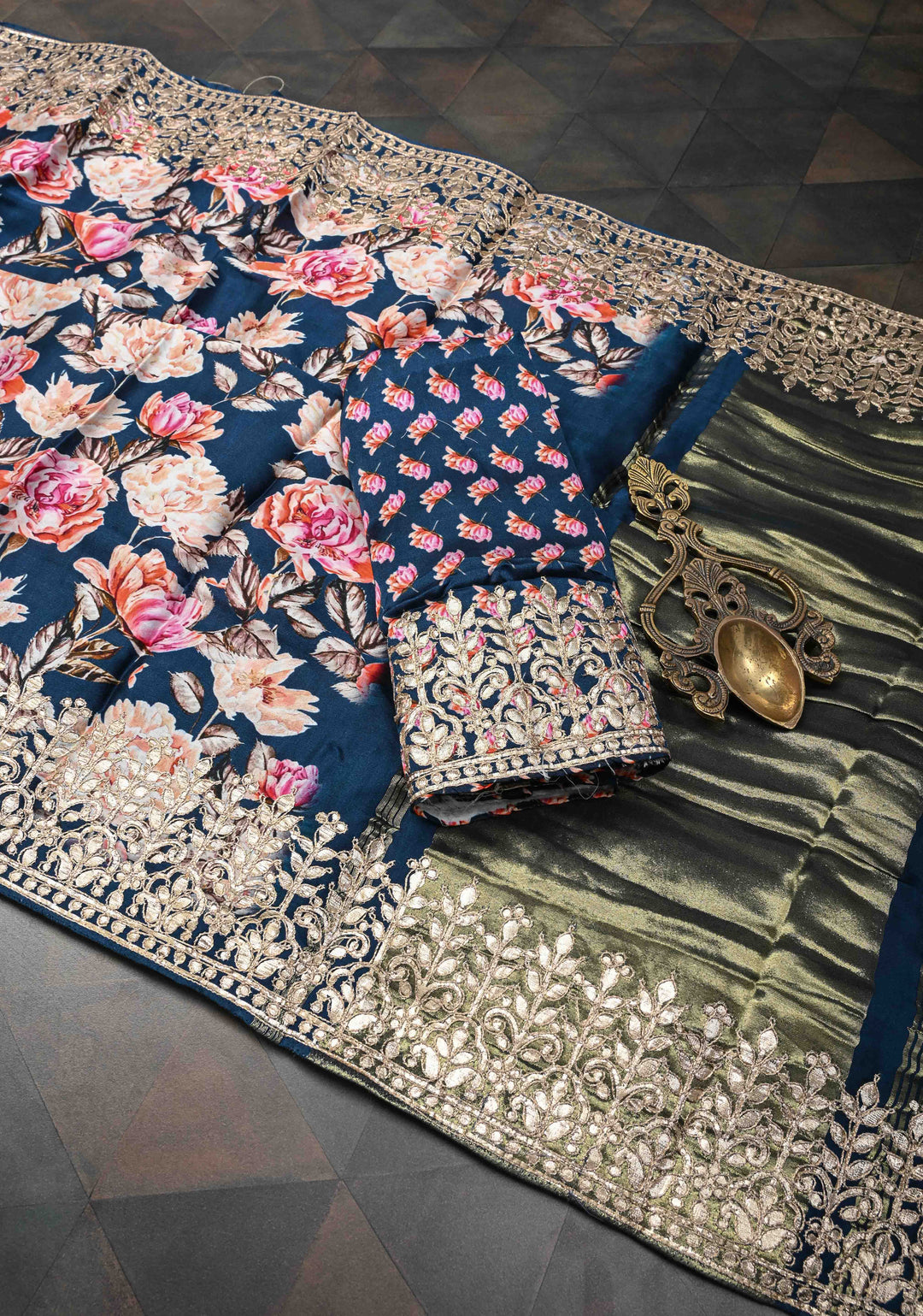 Navy Blue Gajji Silk Saree with Floral Print and Crushed Zari Pallu