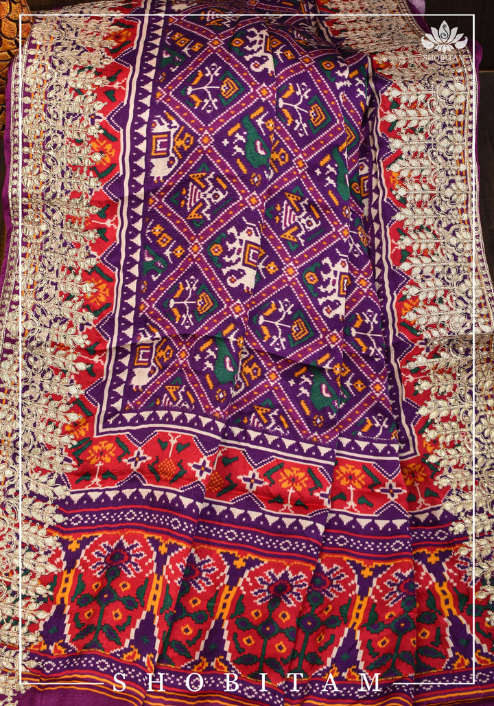 Purple tone Gajji Silk Saree with Gotta Patti Border and Patola Digital Print | Sarees by Shobitam