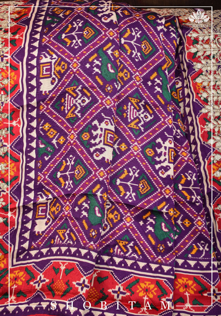 Purple tone Gajji Silk Saree with Gotta Patti Border and Patola Digital Print | Sarees by Shobitam