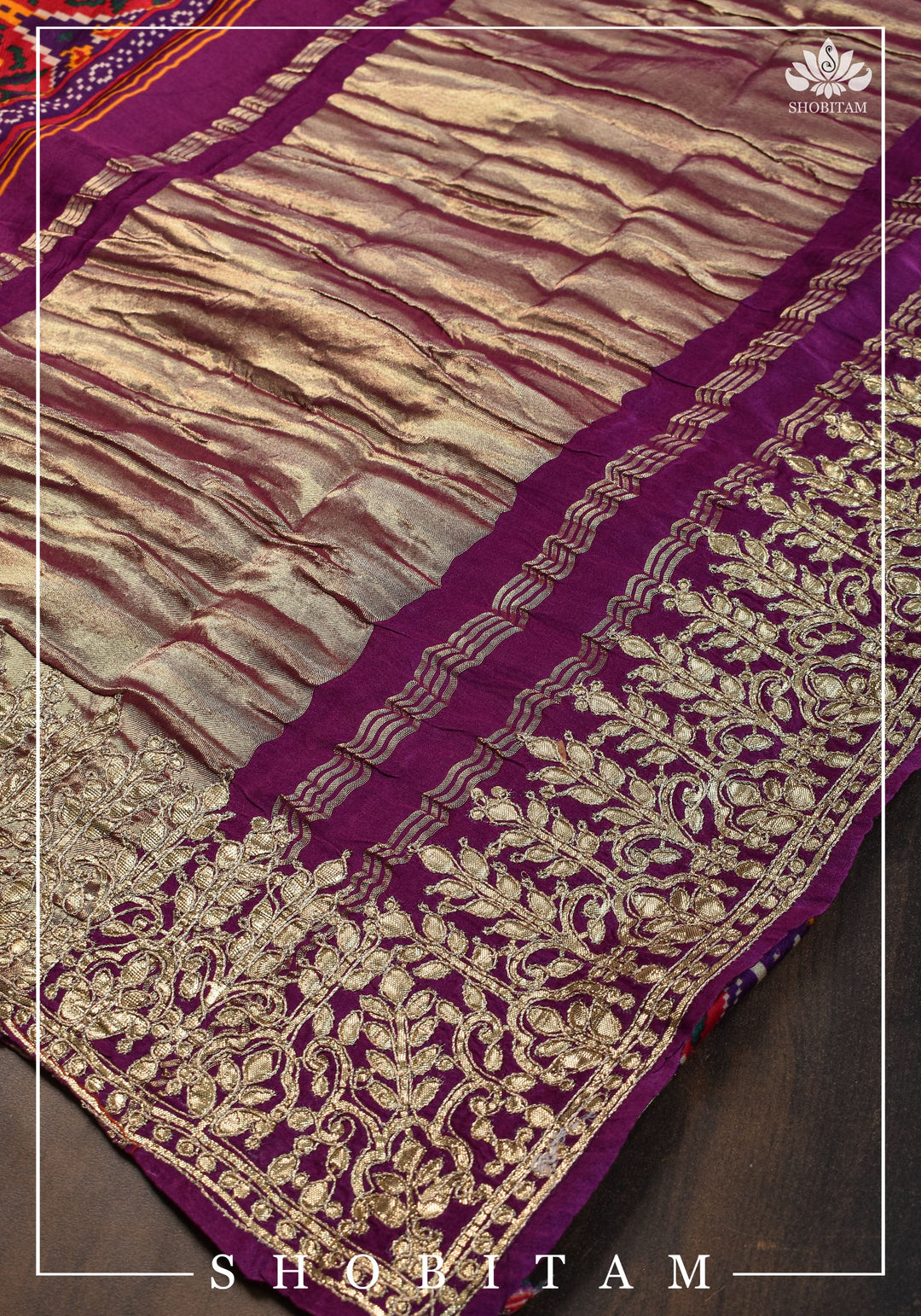 Purple tone Gajji Silk Saree with Gotta Patti Border and Patola Digital Print | Sarees by Shobitam