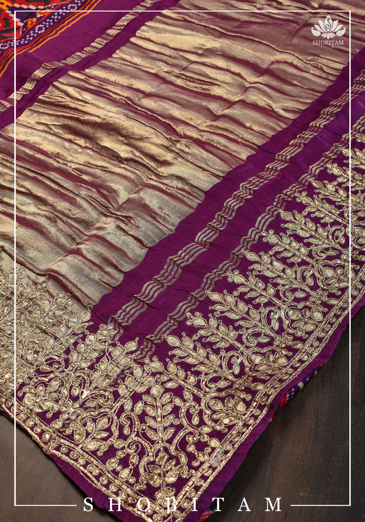 Purple tone Gajji Silk Saree with Gotta Patti Border and Patola Digital Print | Sarees by Shobitam