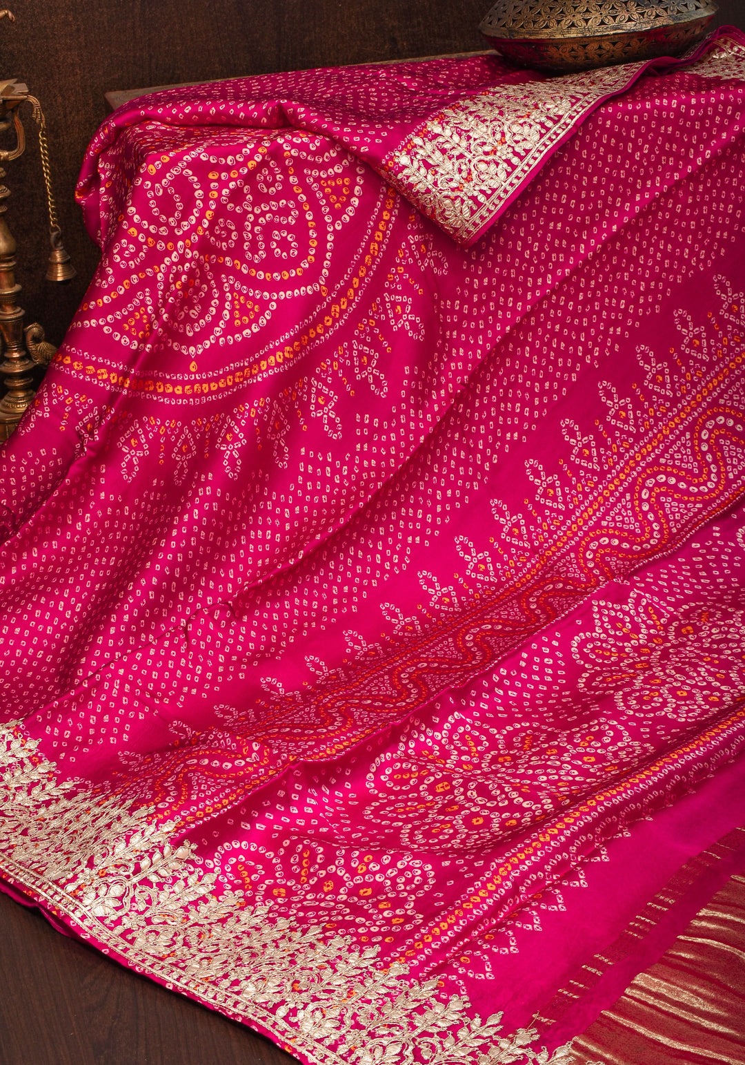 Pink Gajji Silk Saree with Bandhni Digital Print and Gotta patti borders | SHOBITAM