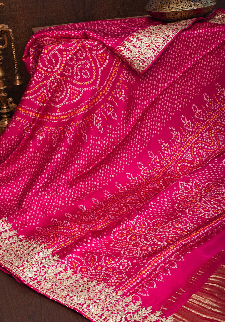 Pink Gajji Silk Saree with Bandhni Digital Print and Gotta patti borders | SHOBITAM