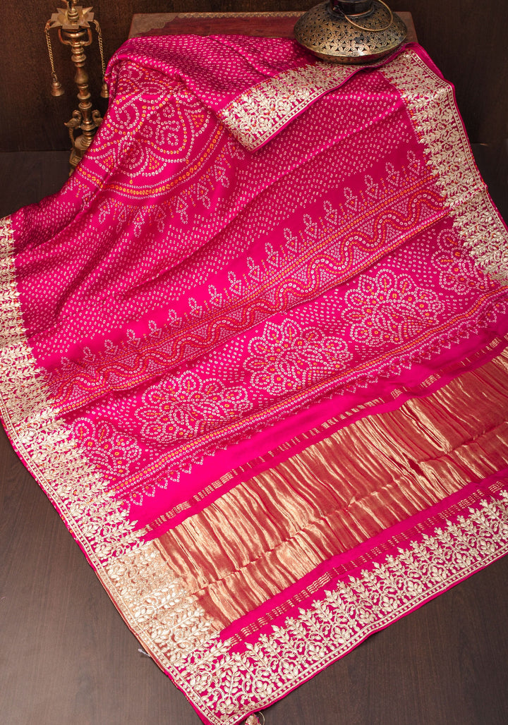 Pink Gajji Silk Saree with Bandhni Digital Print and Gotta patti borders | SHOBITAM