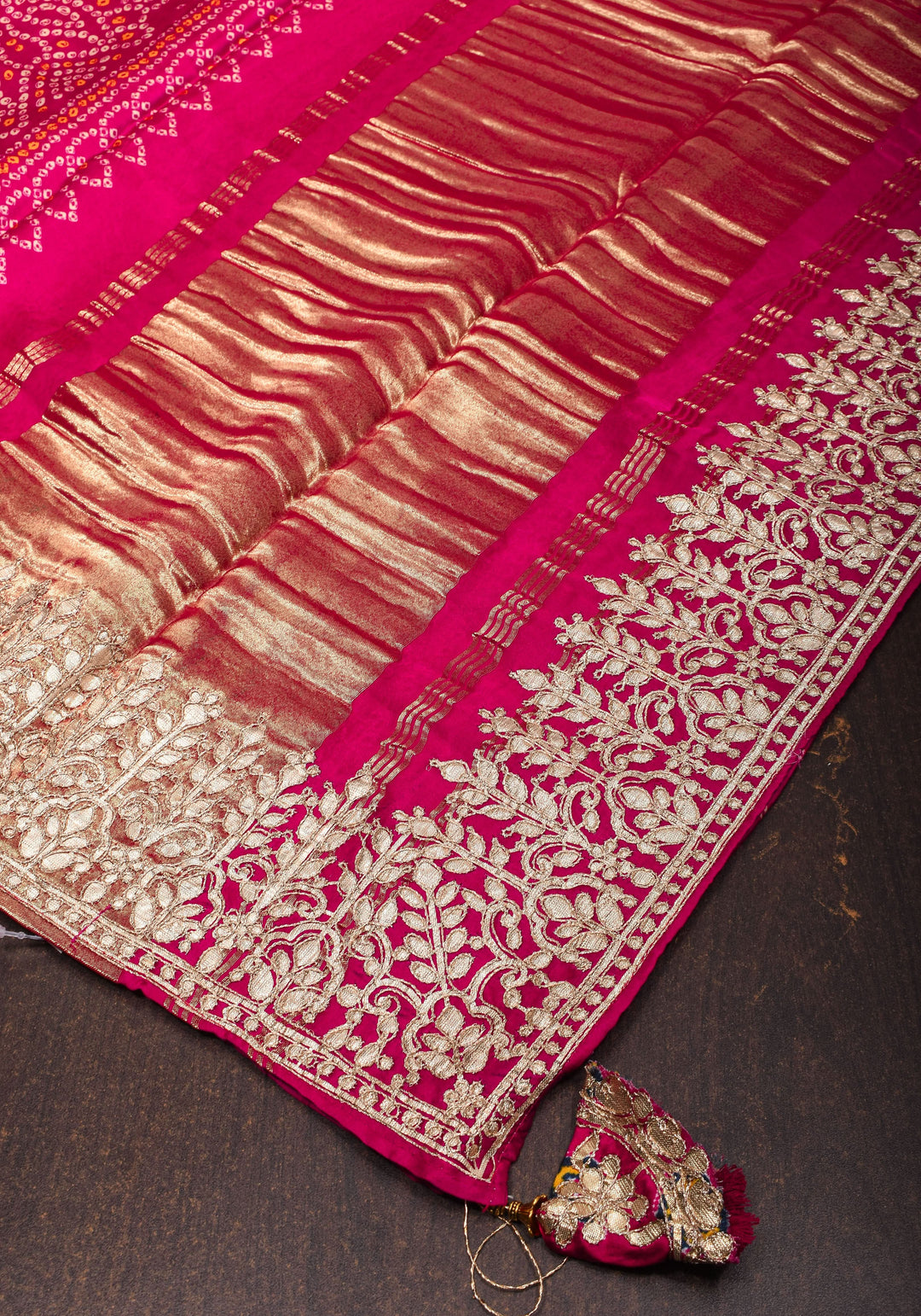 Pink Gajji Silk Saree with Bandhni Digital Print and Gotta patti borders | SHOBITAM