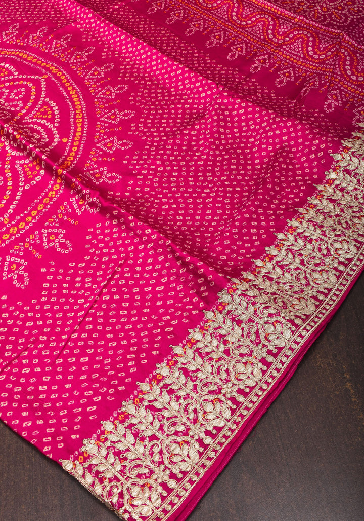 Pink Gajji Silk Saree with Bandhni Digital Print and Gotta patti borders | SHOBITAM