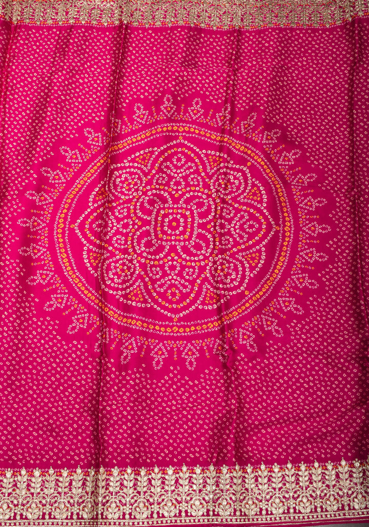 Pink Gajji Silk Saree with Bandhni Digital Print and Gotta patti borders | SHOBITAM