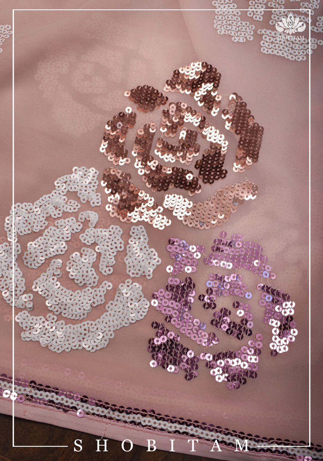 Georgette Saree with Rose Sequin work in Dusty Peach