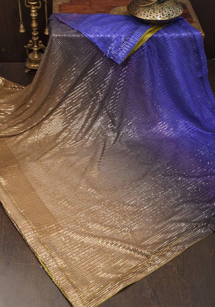 Ombre Shaded Sequin on net Saree in Blue and Brown