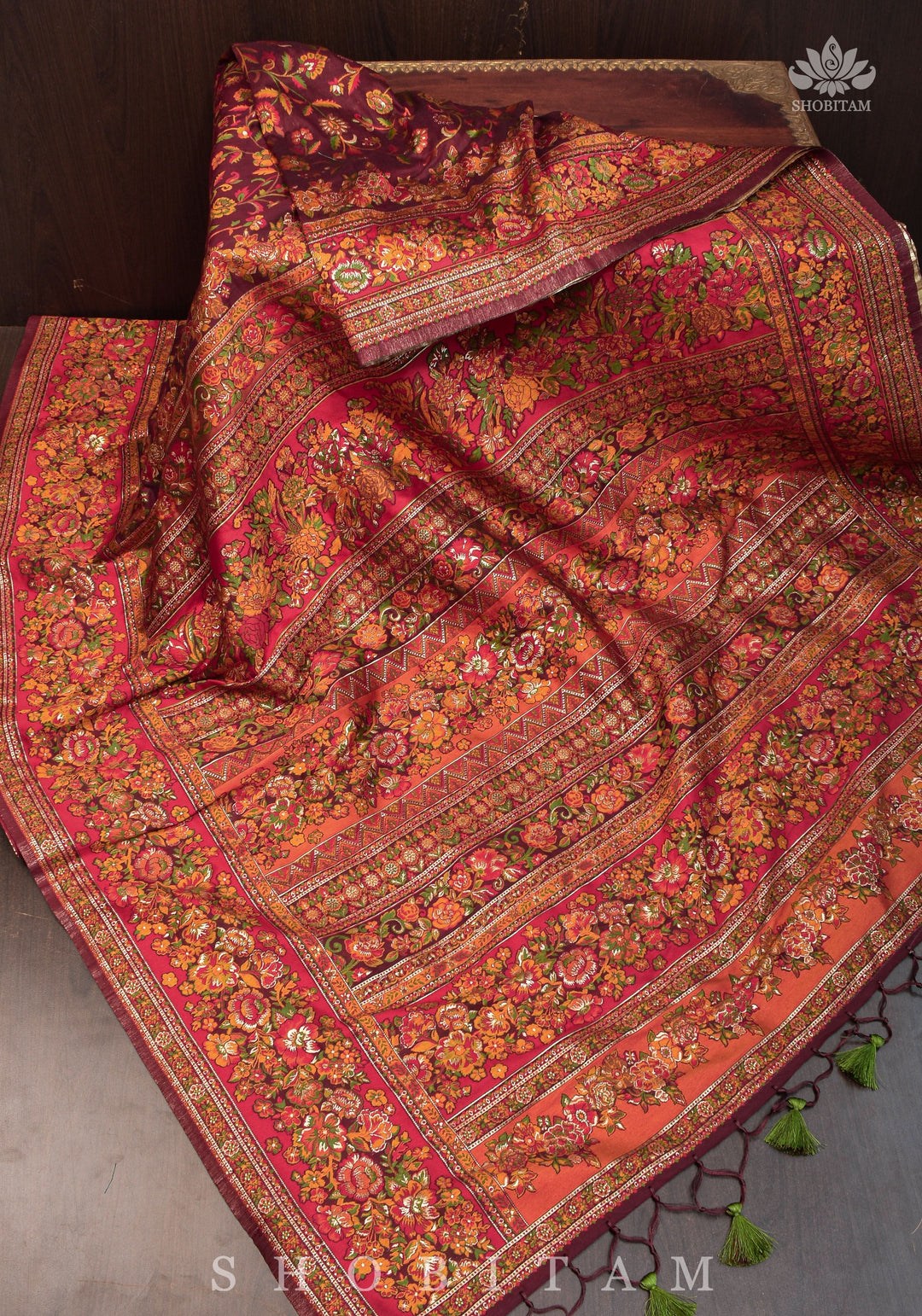 Lovely Kani Design with Floral Jaal in Maroon. Pretty Sarees. | SHOBITAM