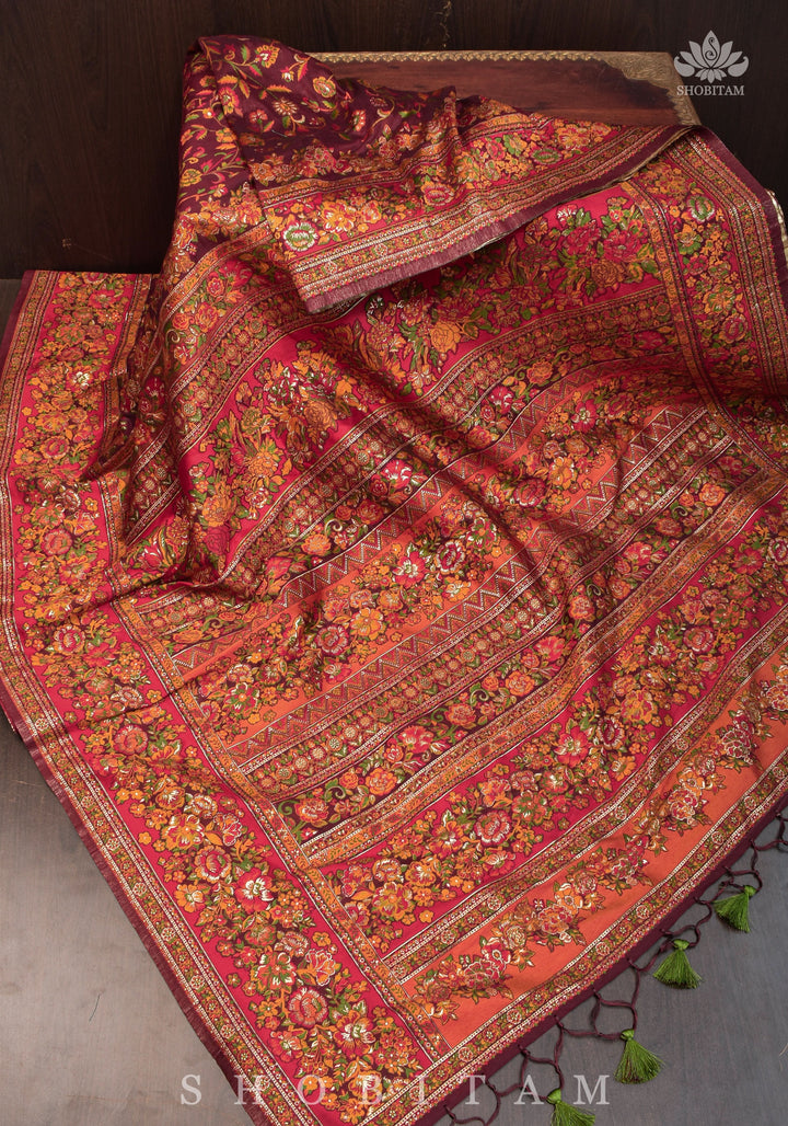 Lovely Kani Design with Floral Jaal in Maroon. Pretty Sarees. | SHOBITAM