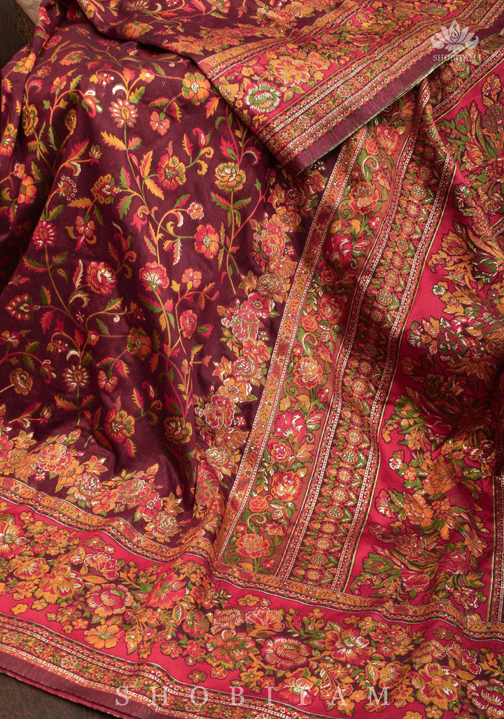 Lovely Kani Design with Floral Jaal in Maroon. Pretty Sarees. | SHOBITAM