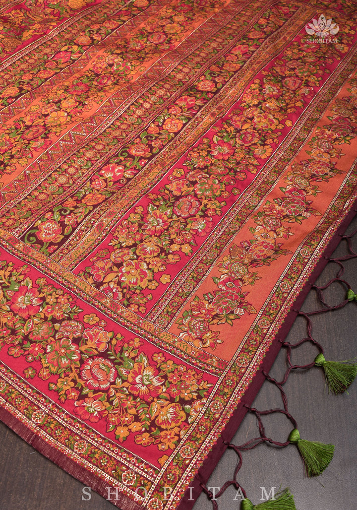 Lovely Kani Design with Floral Jaal in Maroon. Pretty Sarees. | SHOBITAM